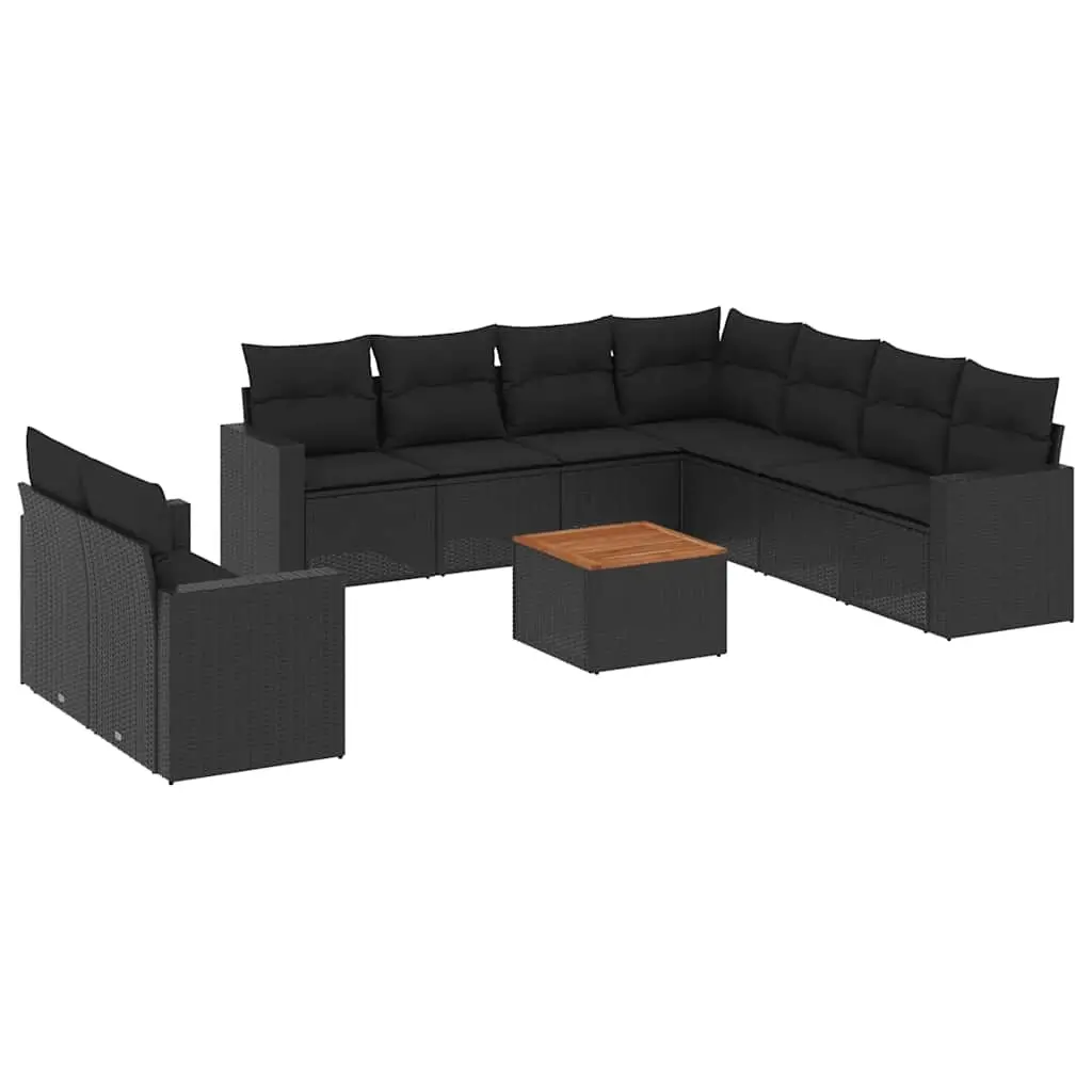 10 Piece Garden Sofa Set with Cushions Black Poly Rattan 3256517 - Furniture