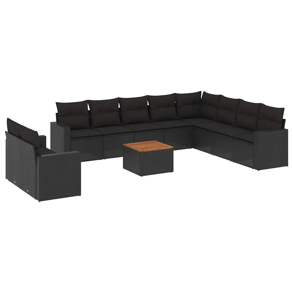 11 Piece Garden Sofa Set with Cushions Black Poly Rattan 3256524 - Furniture