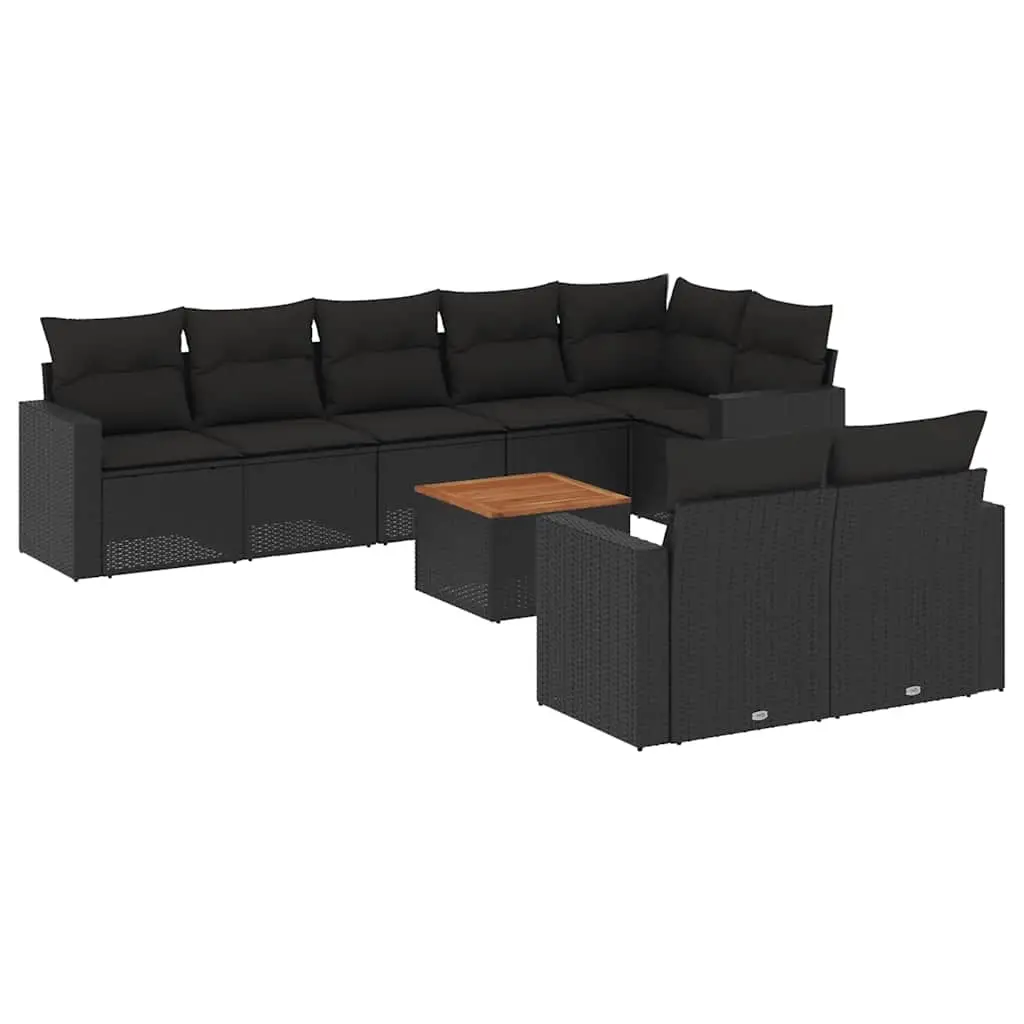 9 Piece Garden Sofa Set with Cushions Black Poly Rattan 3256538 - Furniture
