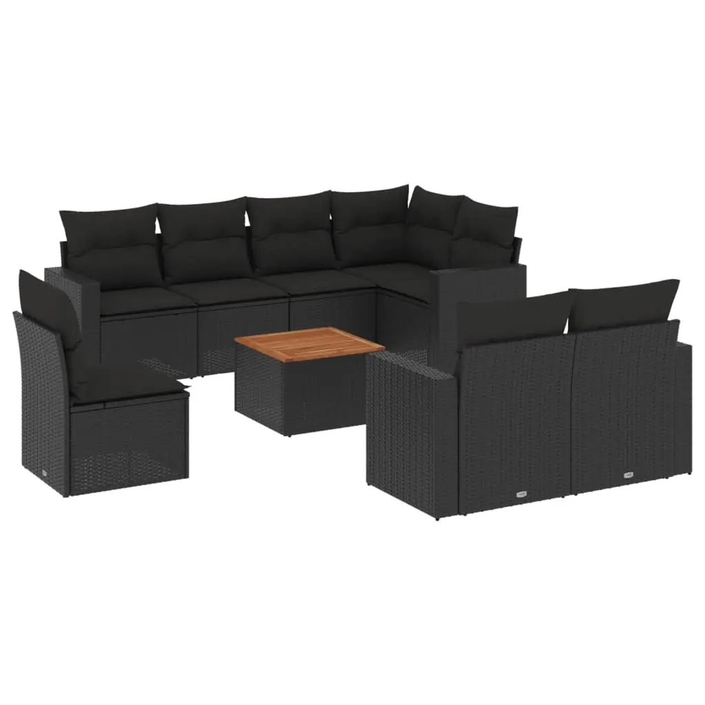 9 Piece Garden Sofa Set with Cushions Black Poly Rattan 3256545 - Furniture