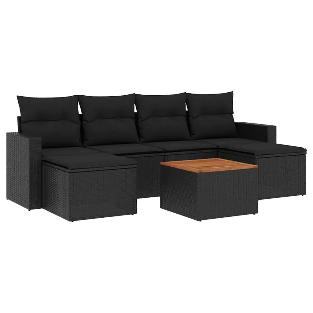 7 Piece Garden Sofa Set with Cushions Black Poly Rattan 3256573 - Furniture