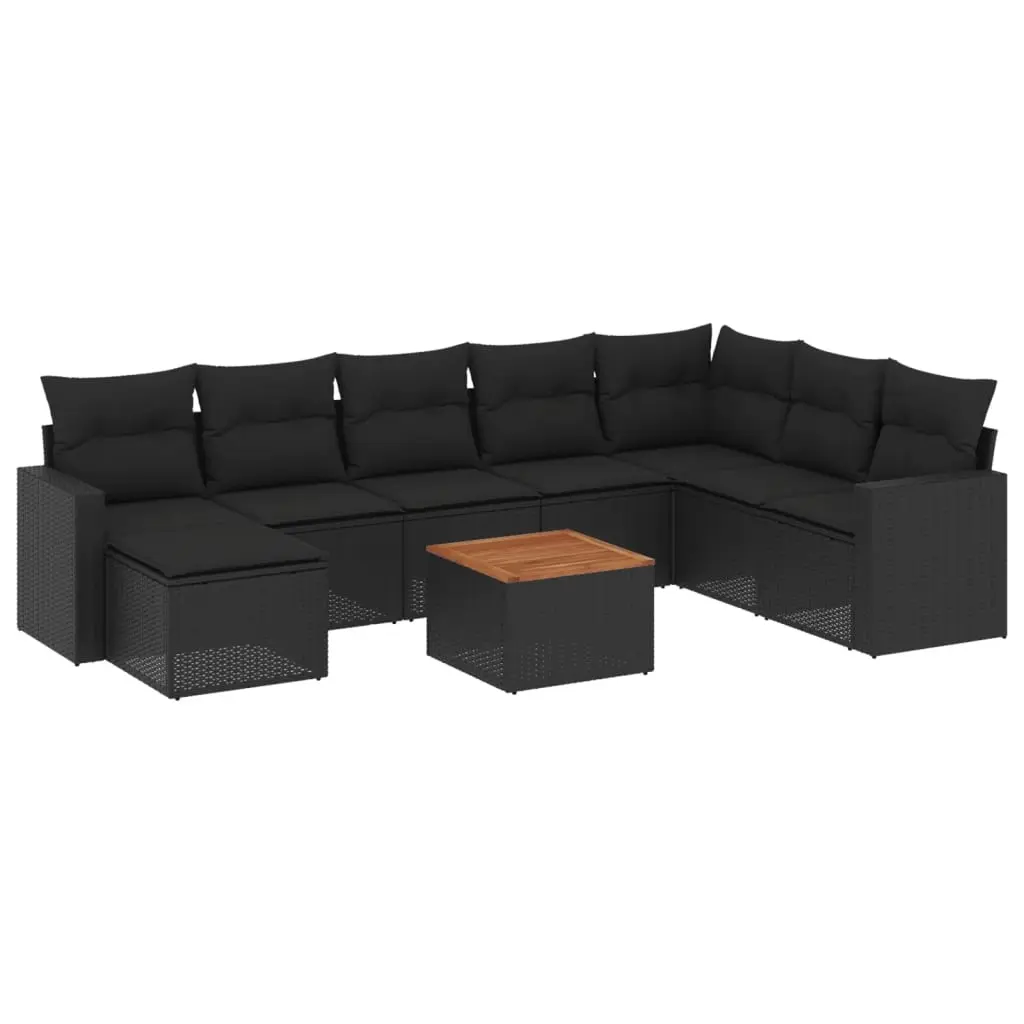 9 Piece Garden Sofa Set with Cushions Black Poly Rattan 3256587 - Furniture