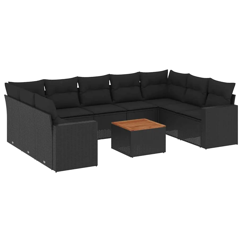 10 Piece Garden Sofa Set with Cushions Black Poly Rattan 3256594 - Furniture