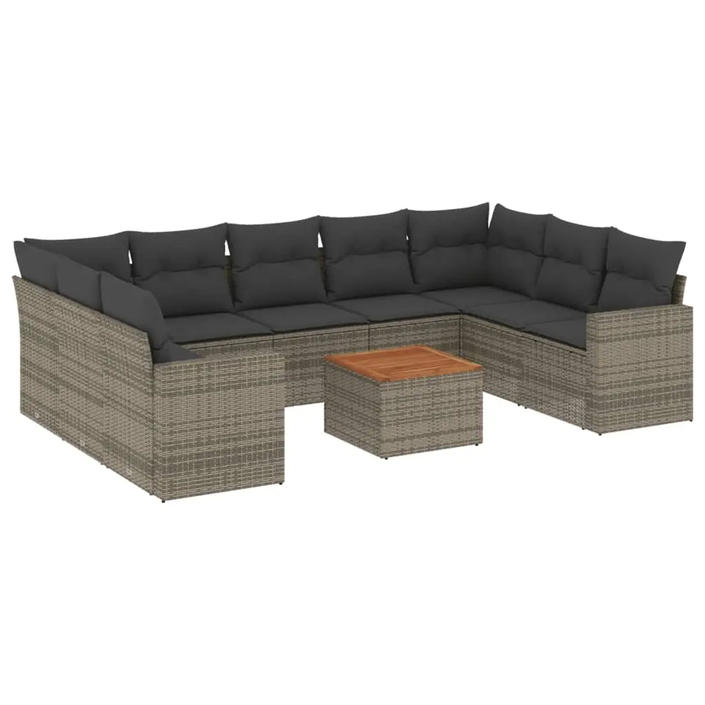 10 Piece Garden Sofa Set with Cushions Grey Poly Rattan 3256599 - Furniture