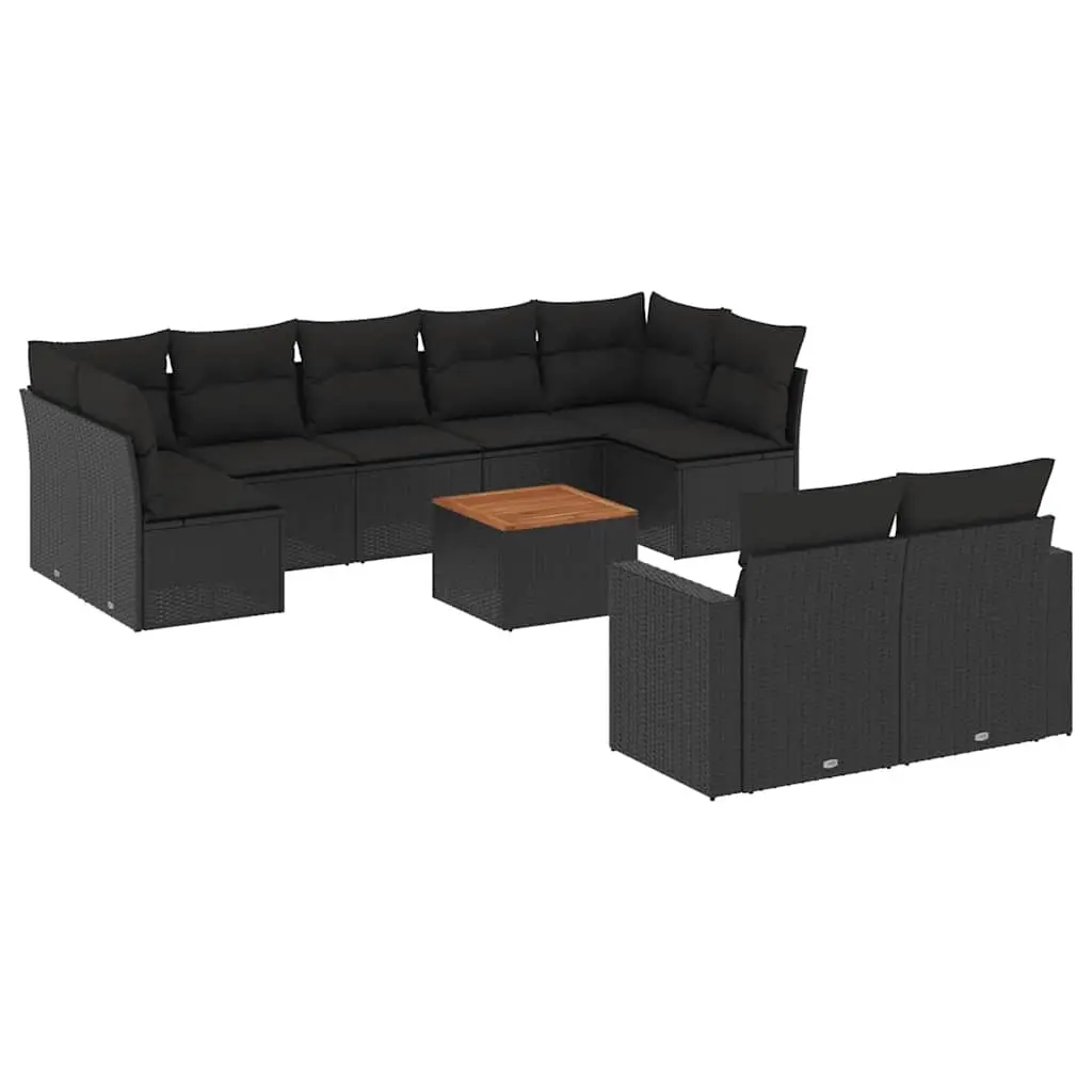 10 Piece Garden Sofa Set with Cushions Black Poly Rattan 3256601 - Furniture