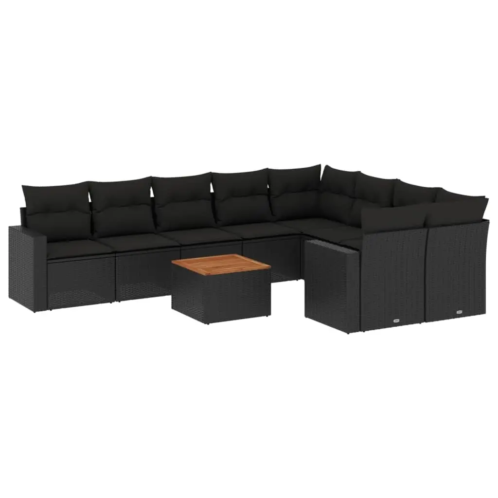 10 Piece Garden Sofa Set with Cushions Black Poly Rattan 3256608 - Furniture