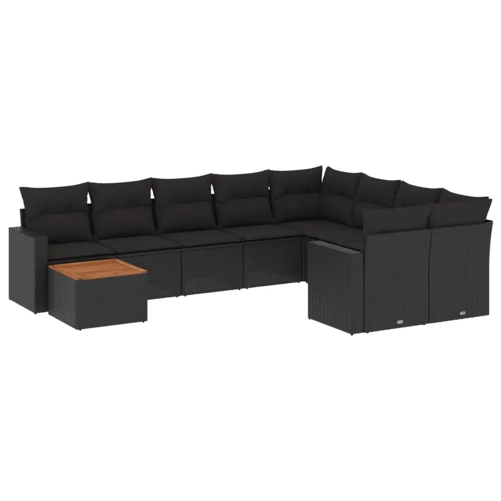 10 Piece Garden Sofa Set with Cushions Black Poly Rattan 3256615 - Furniture