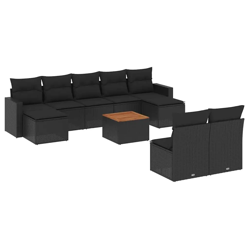 10 Piece Garden Sofa Set with Cushions Black Poly Rattan 3256650 - Furniture