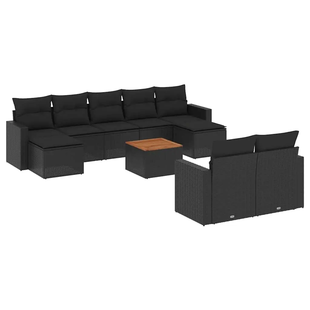 10 Piece Garden Sofa Set with Cushions Black Poly Rattan 3256664 - Furniture