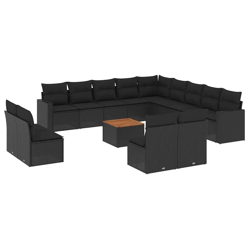 14 Piece Garden Sofa Set with Cushions Black Poly Rattan 3256706 - Furniture