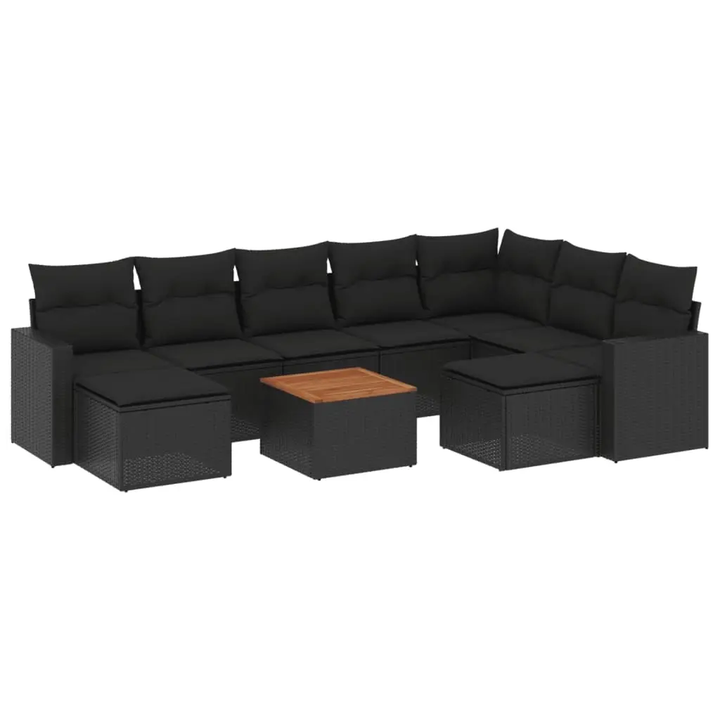 10 Piece Garden Sofa Set with Cushions Black Poly Rattan 3256734 - Furniture
