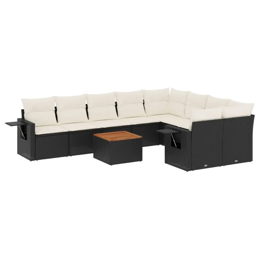 10 Piece Garden Sofa Set with Cushions Black Poly Rattan 3257050 - Furniture