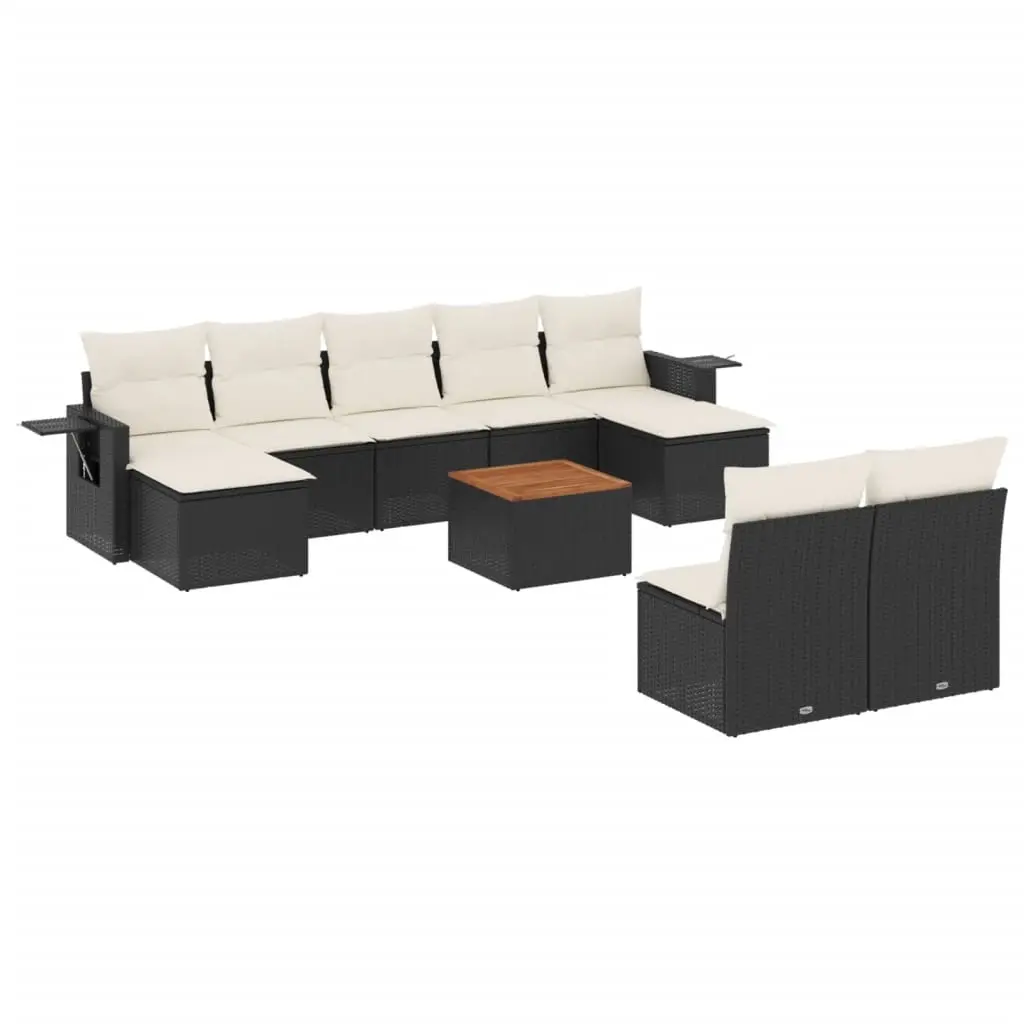 10 Piece Garden Sofa Set with Cushions Black Poly Rattan 3257092 - Furniture
