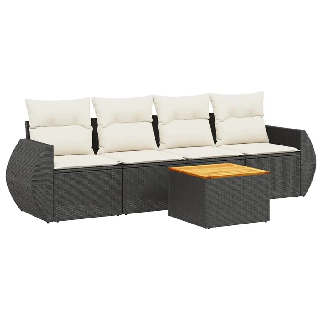 5 Piece Garden Sofa Set with Cushions Black Poly Rattan 3257211 - Furniture
