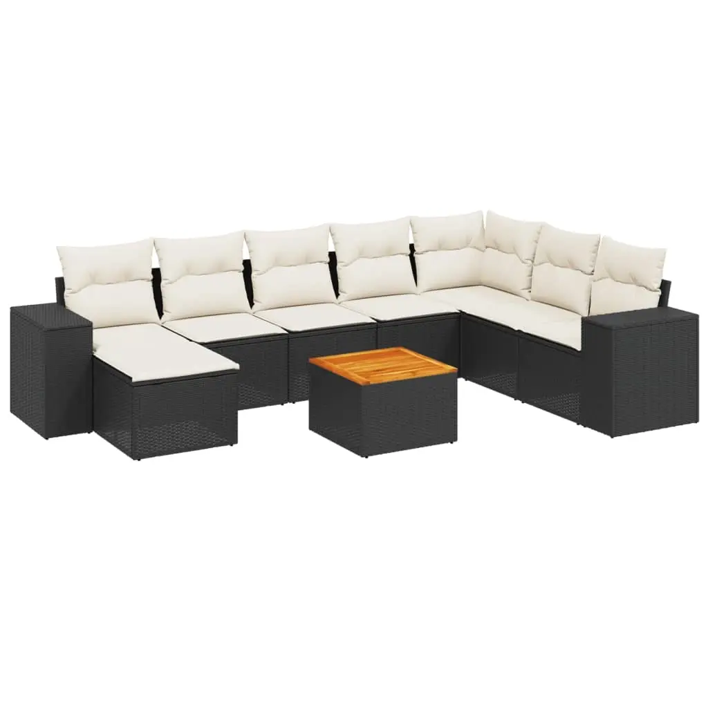 9 Piece Garden Sofa Set with Cushions Black Poly Rattan 3257911 - Furniture