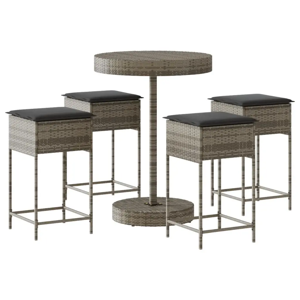 5 Piece Garden Bar Set with Cushions Grey Poly Rattan 3261445 - Furniture
