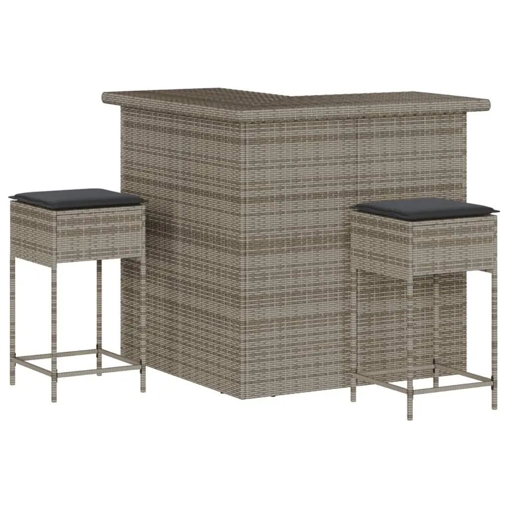 3 Piece Garden Bar Set with Cushions Grey Poly Rattan 3261504 - Furniture