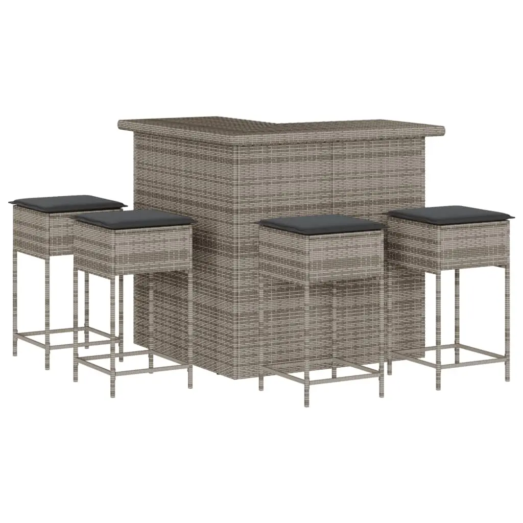 5 Piece Garden Bar Set with Cushions Grey Poly Rattan 3261505 - Furniture
