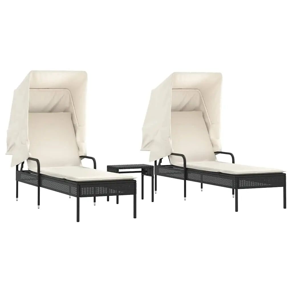 Sun Loungers 2 pcs with Canopies and Table Black Poly Rattan 3261569 - Furniture
