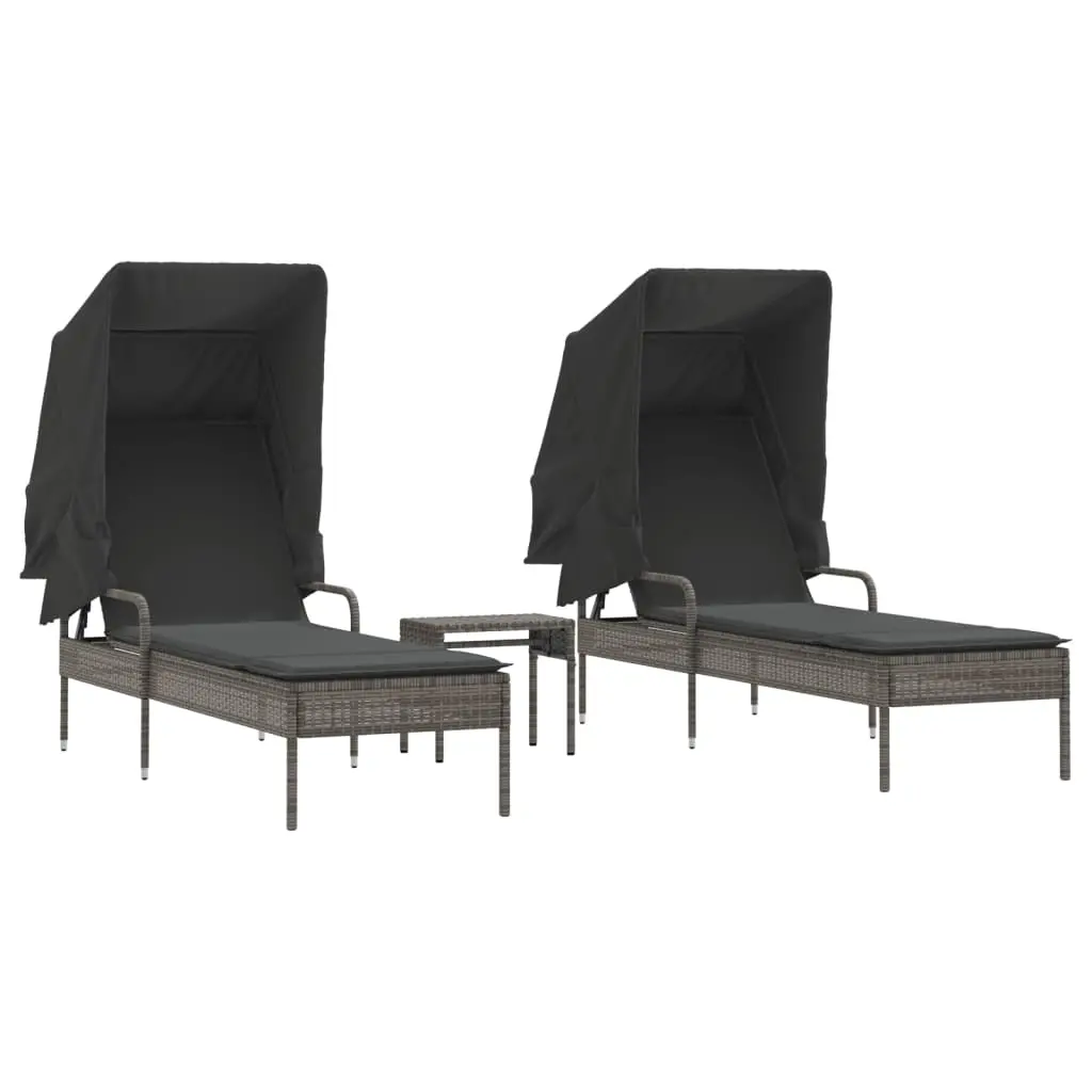 Sun Loungers 2 pcs with Canopies and Table Grey Poly Rattan 3261571 - Furniture