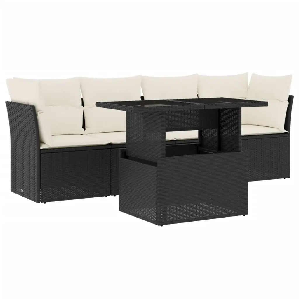 5 Piece Garden Sofa Set with Cushions Black Poly Rattan 3266346 - Furniture