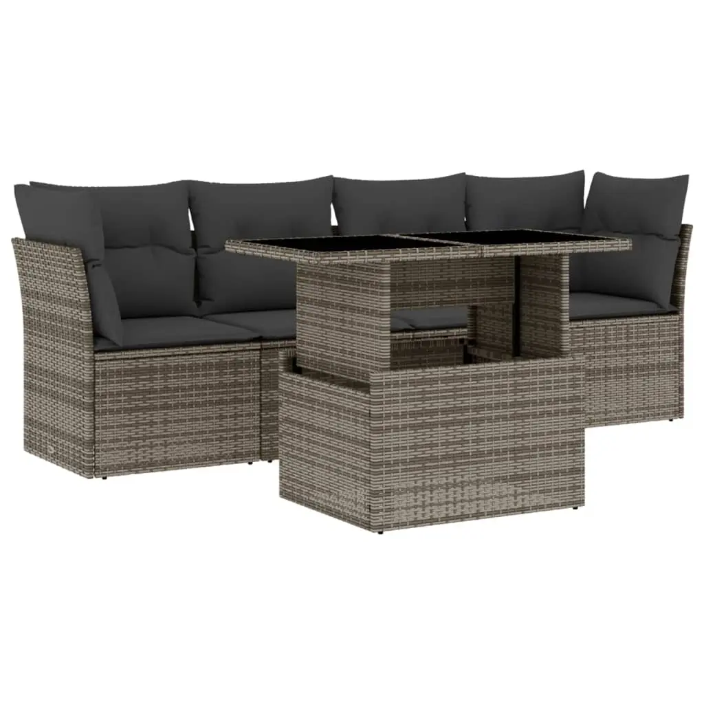 5 Piece Garden Sofa Set with Cushions Grey Poly Rattan 3266350 - Furniture