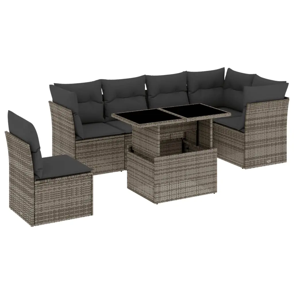 7 Piece Garden Sofa Set with Cushions Grey Poly Rattan 3266620 - Furniture