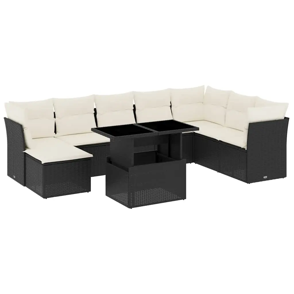 9 Piece Garden Sofa Set with Cushions Black Poly Rattan 3266786 - Furniture