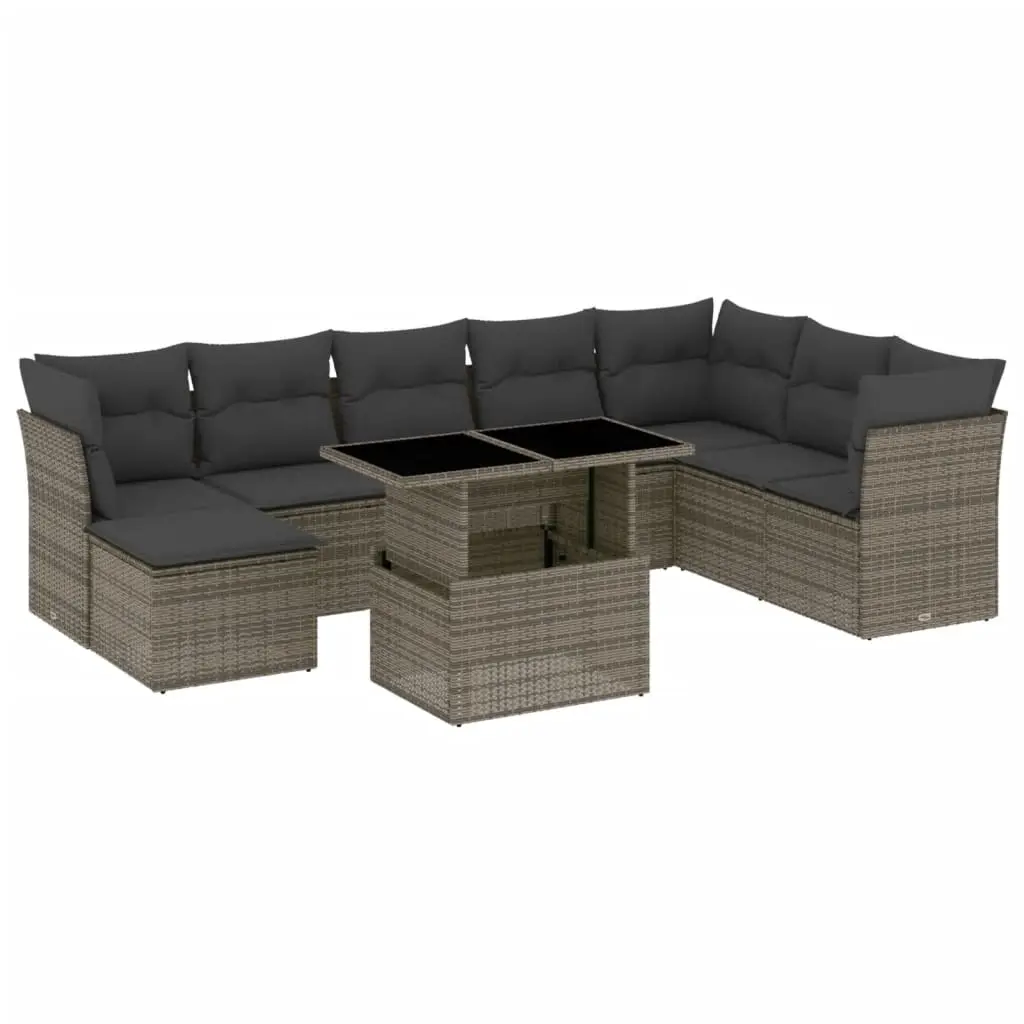 9 Piece Garden Sofa Set with Cushions Grey Poly Rattan 3266790 - Furniture