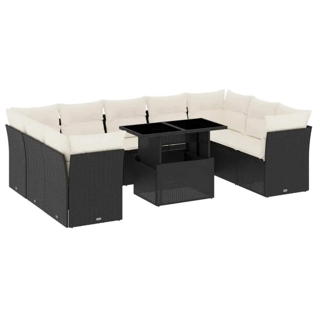 10 Piece Garden Sofa Set with Cushions Black Poly Rattan 3266816 - Furniture