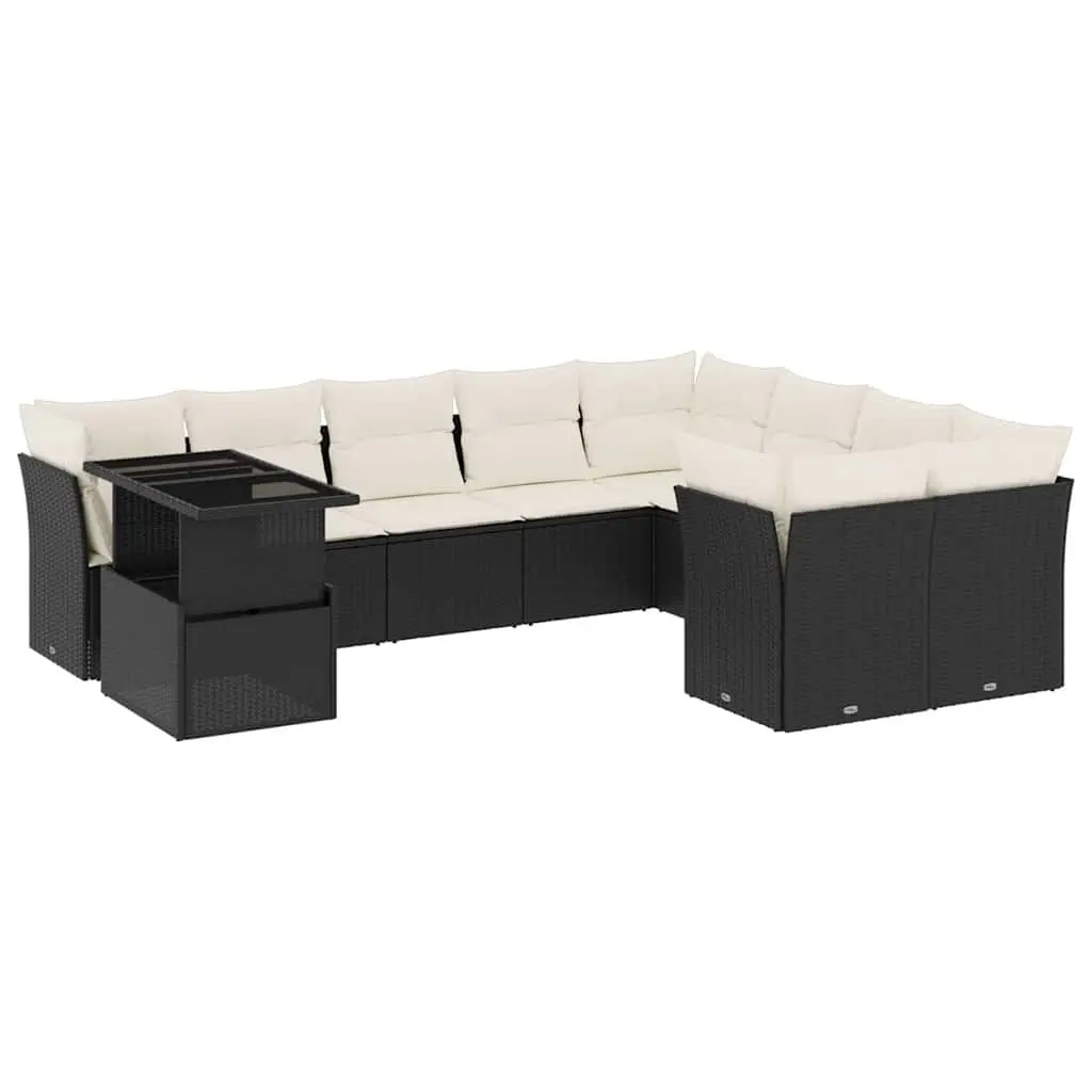 10 Piece Garden Sofa Set with Cushions Black Poly Rattan 3266846 - Furniture
