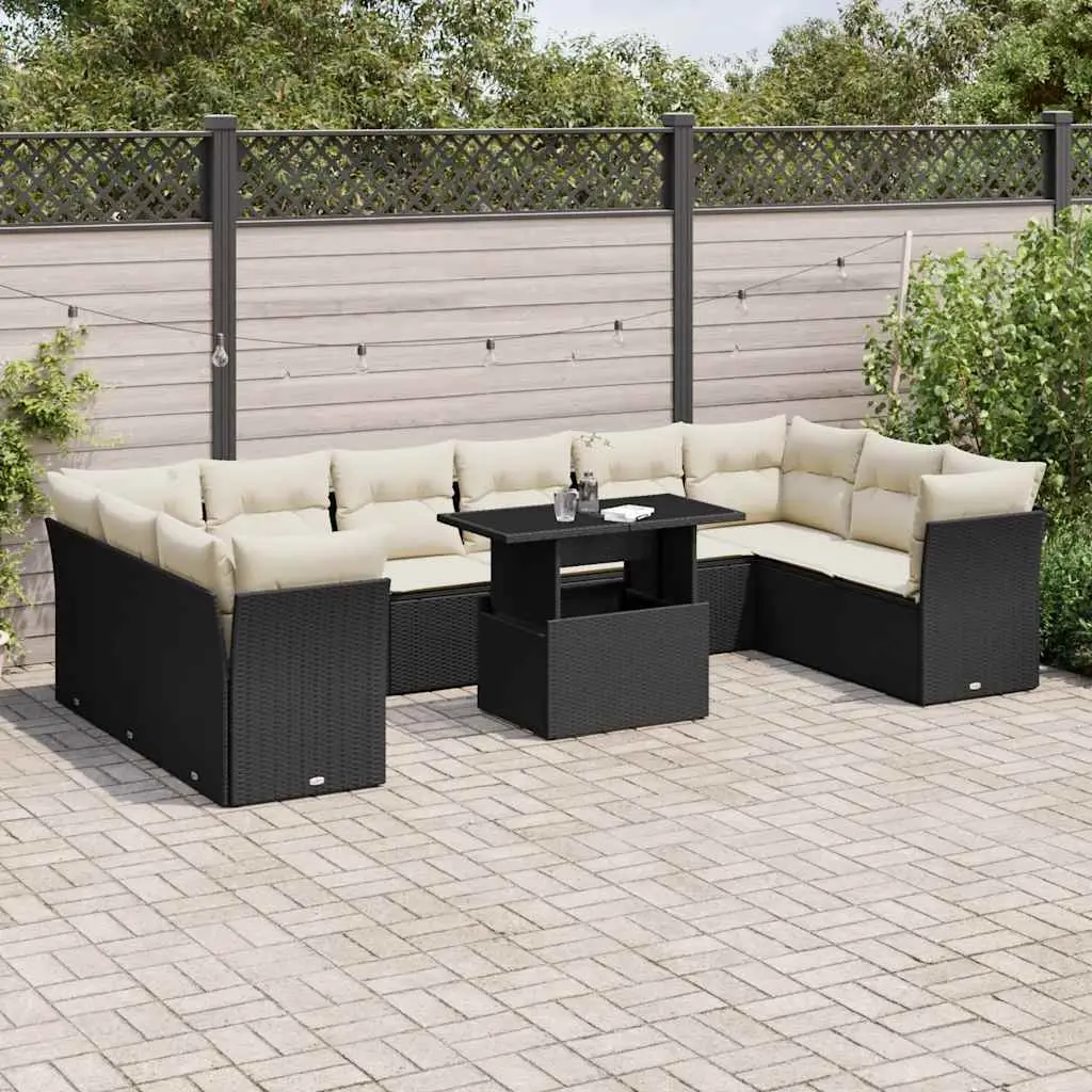 11 Piece Garden Sofa Set with Cushions Black Poly Rattan 3266856 - Furniture