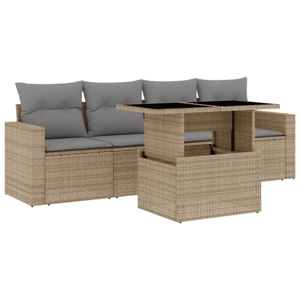 5 Piece Garden Sofa Set with Cushions Beige Poly Rattan 3267099 - Furniture