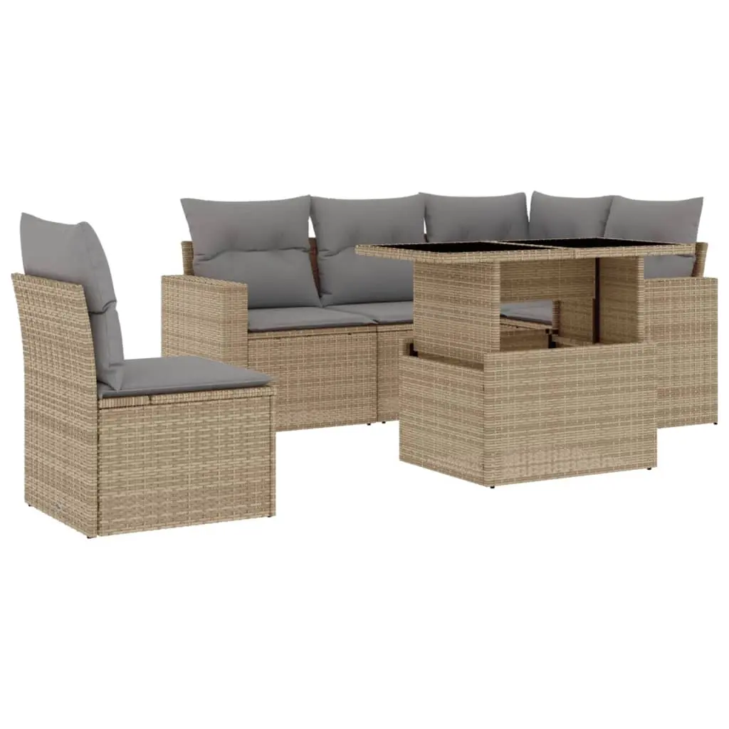 6 Piece Garden Sofa Set with Cushions Beige Poly Rattan 3267279 - Furniture