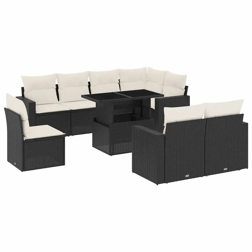 9 Piece Garden Sofa Set with Cushions Black Poly Rattan 3267406 - Furniture