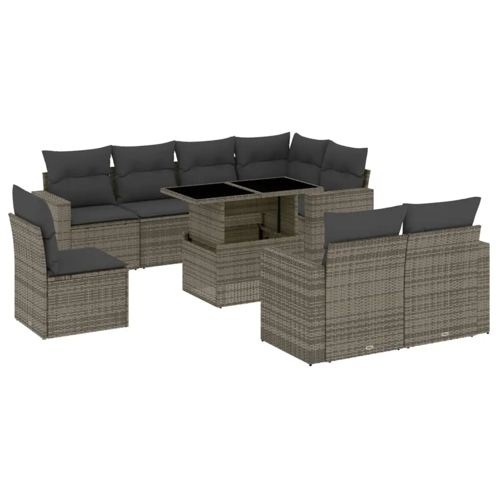 9 Piece Garden Sofa Set with Cushions Grey Poly Rattan 3267410 - Furniture