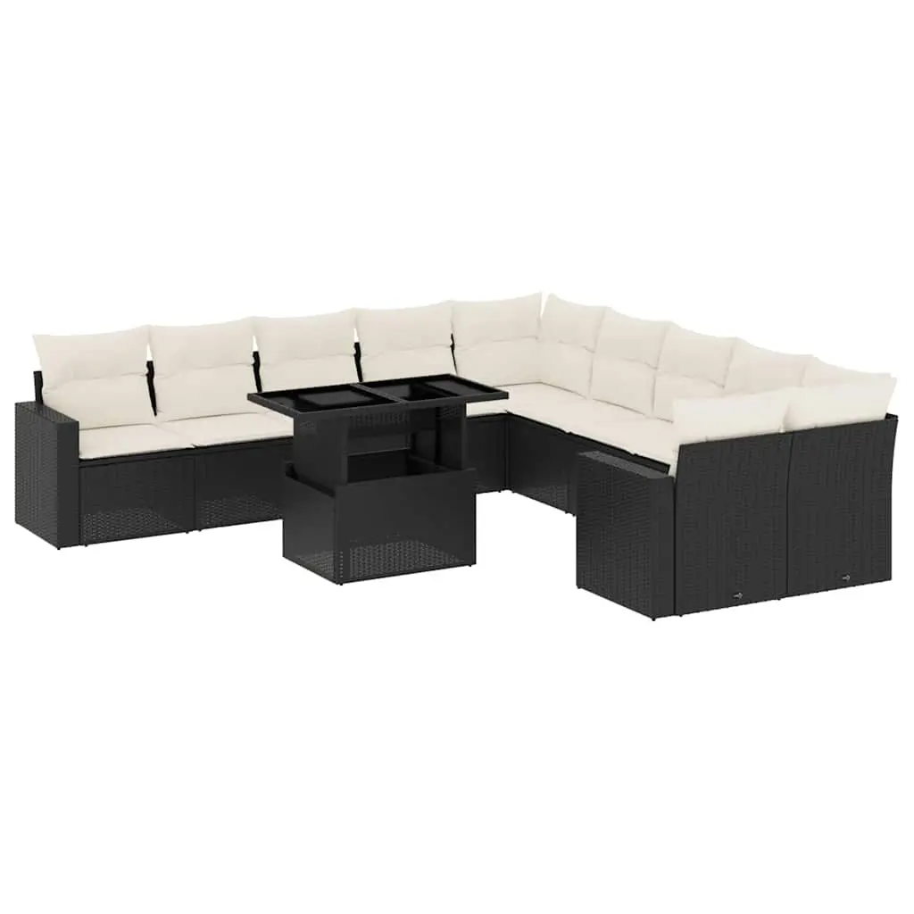 11 Piece Garden Sofa Set with Cushions Black Poly Rattan 3267536 - Furniture