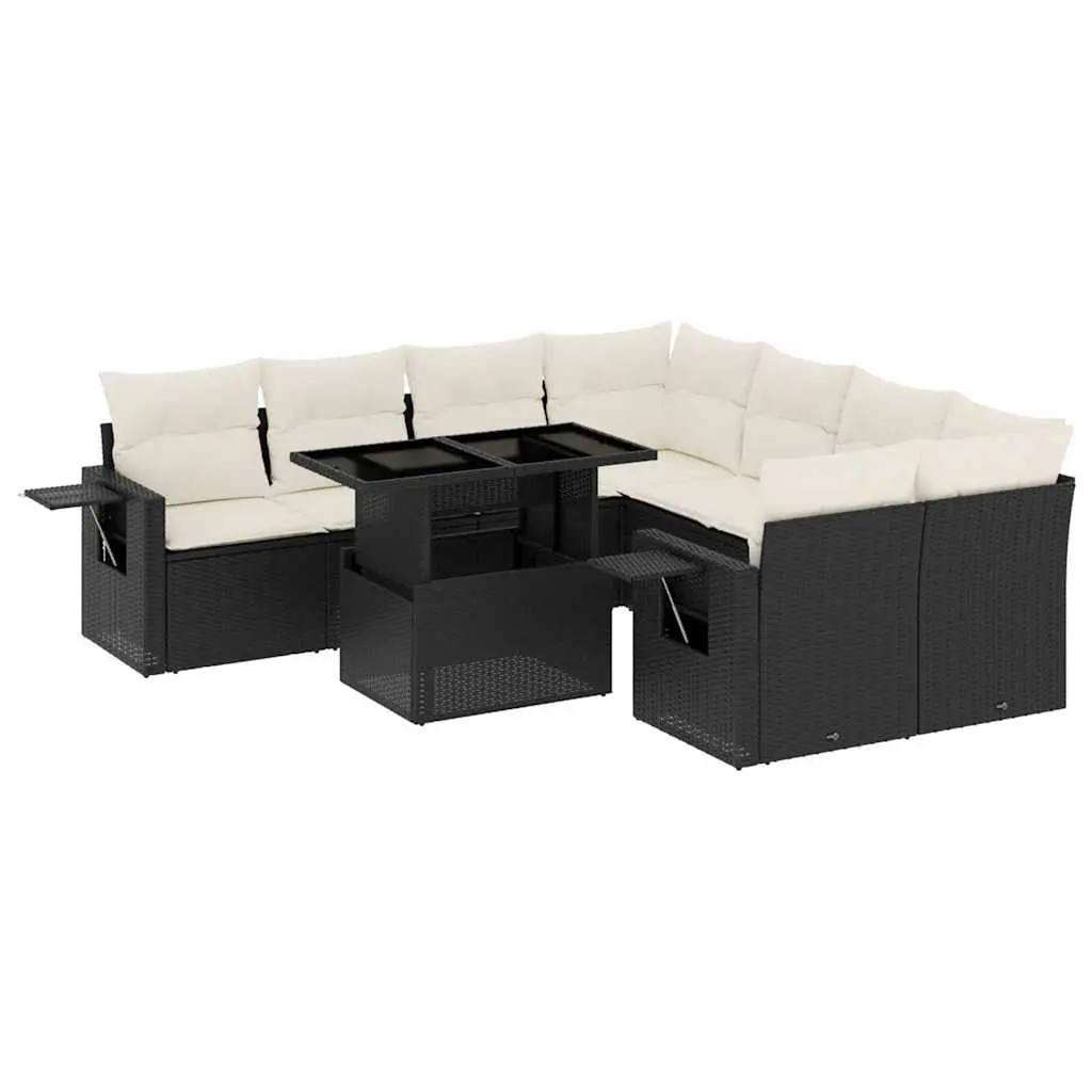 9 Piece Garden Sofa Set with Cushions Black Poly Rattan 3267796 - Furniture