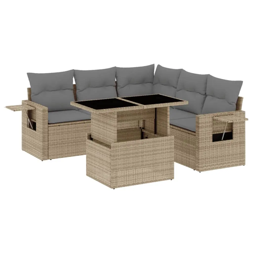 6 Piece Garden Sofa Set with Cushions Beige Poly Rattan 3267899 - Furniture