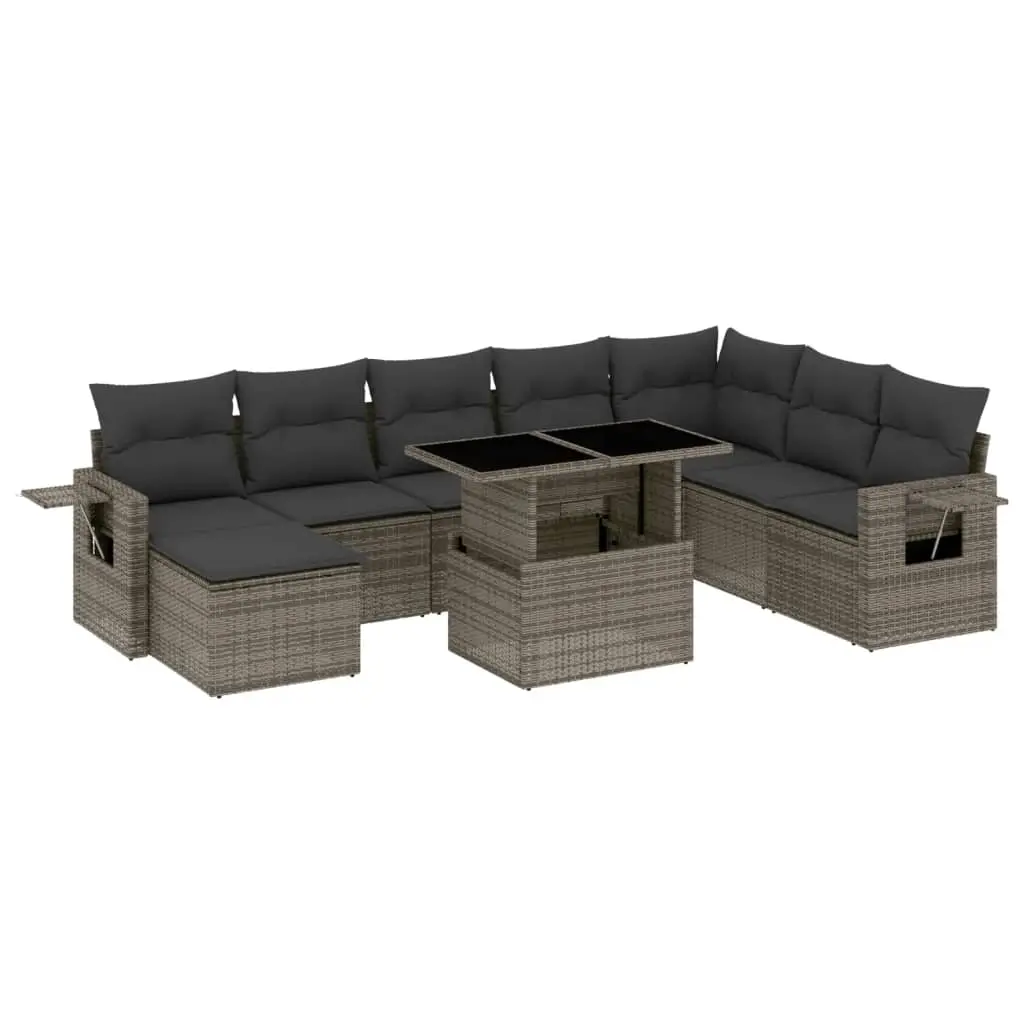 9 Piece Garden Sofa Set with Cushions Grey Poly Rattan 3268100 - Furniture