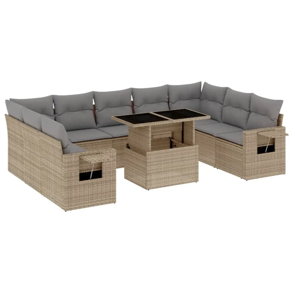 10 Piece Garden Sofa Set with Cushions Beige Poly Rattan 3268109 - Furniture