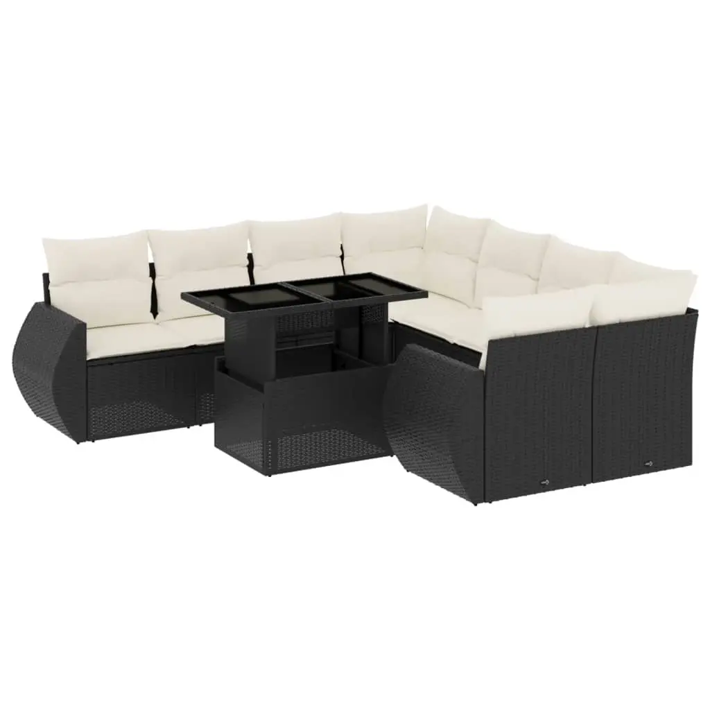 9 Piece Garden Sofa Set with Cushions Black Poly Rattan 3268426 - Furniture