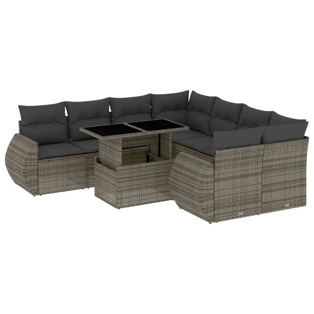 9 Piece Garden Sofa Set with Cushions Grey Poly Rattan 3268430 - Furniture