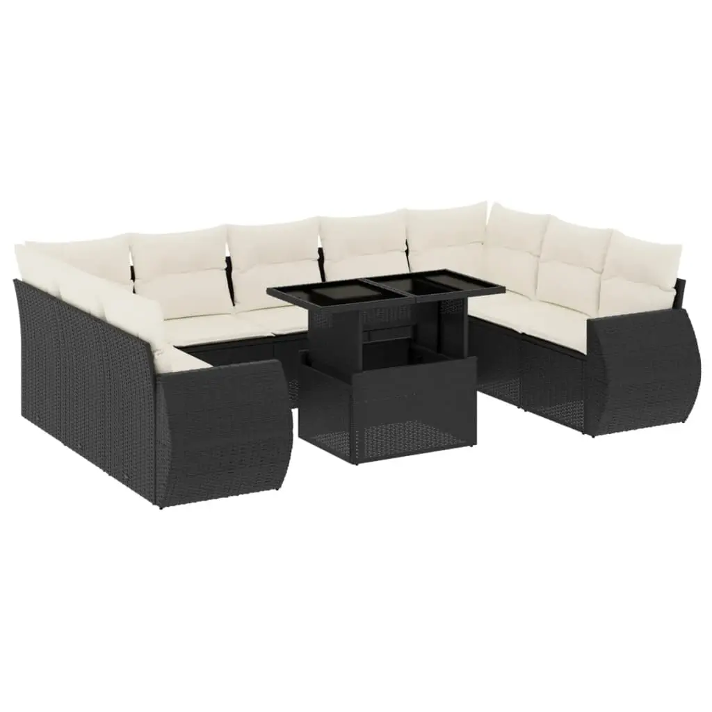 10 Piece Garden Sofa Set with Cushions Black Poly Rattan 3268736 - Furniture