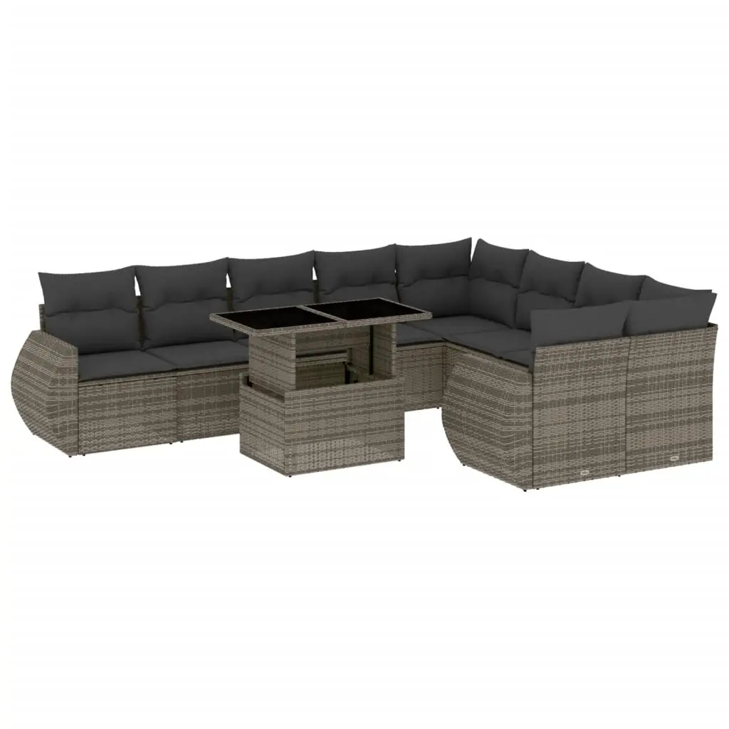 10 Piece Garden Sofa Set with Cushions Grey Poly Rattan 3268760 - Furniture