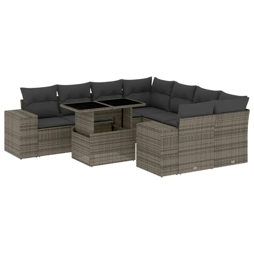 9 Piece Garden Sofa Set with Cushions Grey Poly Rattan 3269060 - Furniture