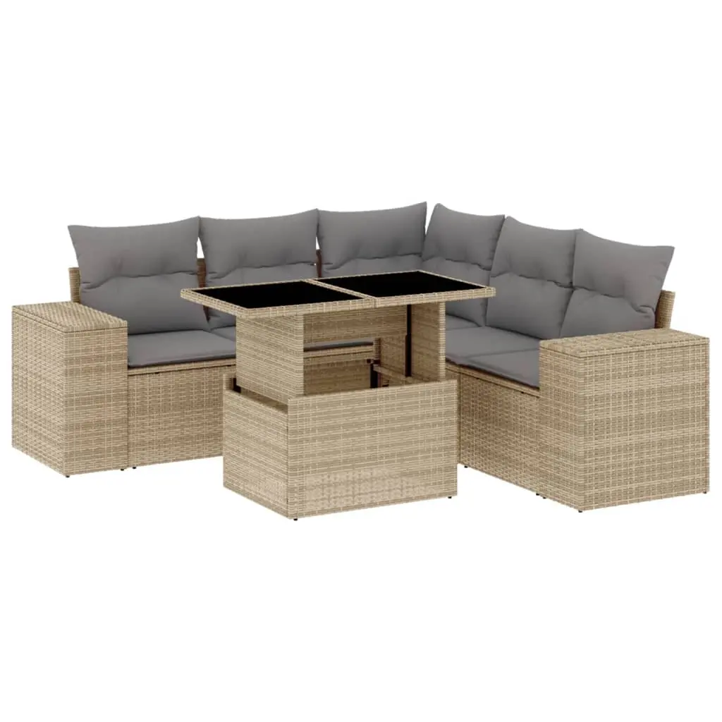 6 Piece Garden Sofa Set with Cushions Beige Poly Rattan 3269159 - Furniture