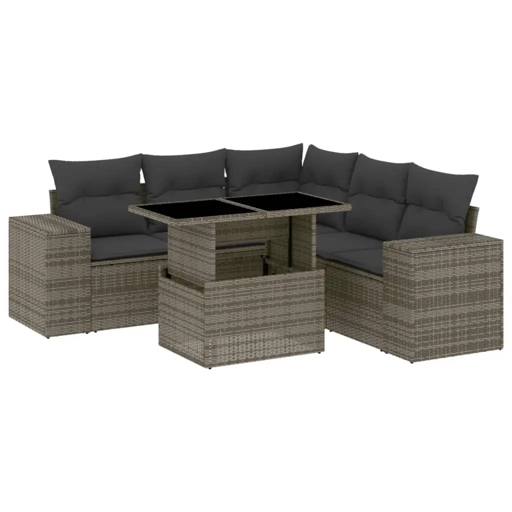 6 Piece Garden Sofa Set with Cushions Grey Poly Rattan 3269160 - Furniture