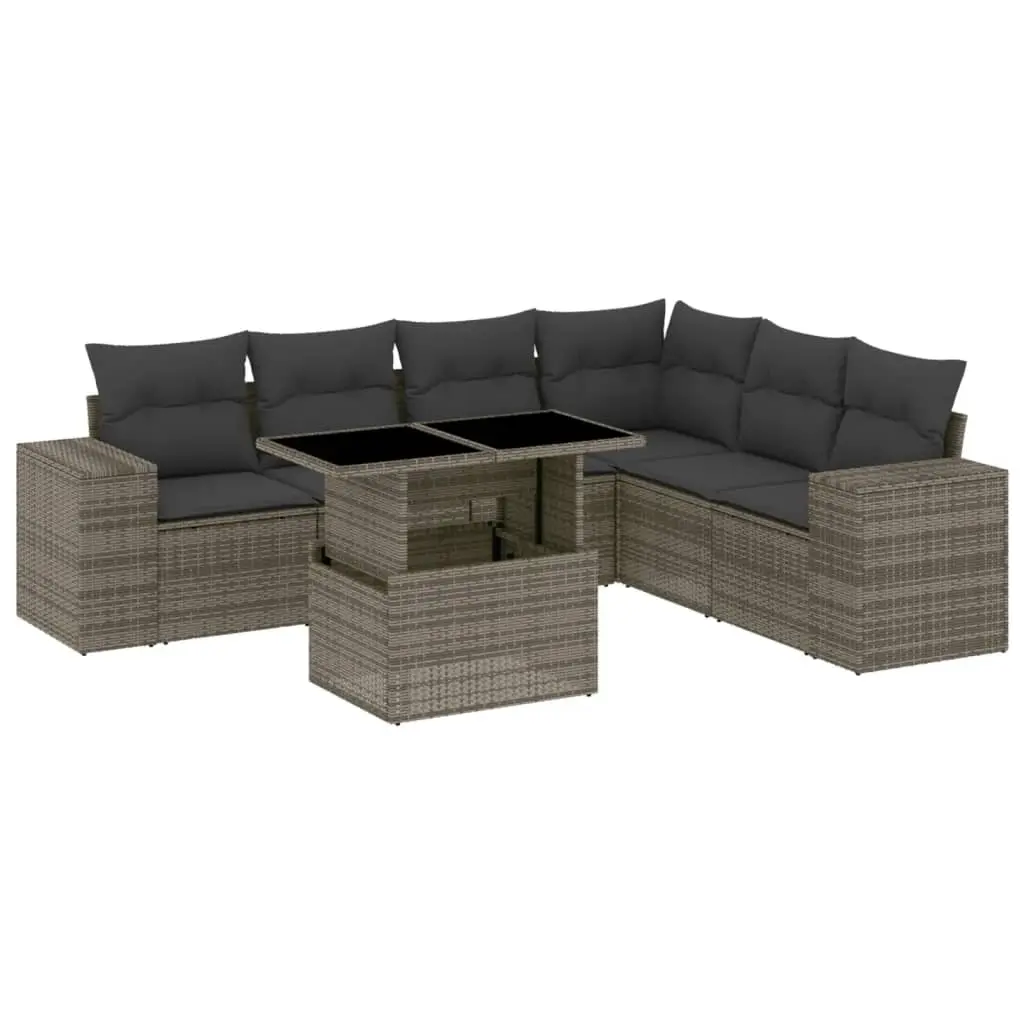 7 Piece Garden Sofa Set with Cushions Grey Poly Rattan 3269190 - Furniture
