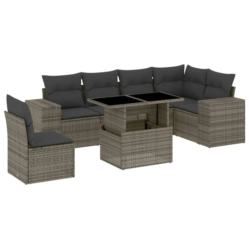 7 Piece Garden Sofa Set with Cushions Grey Poly Rattan 3269200 - Furniture